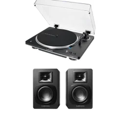 Audio Technica AT-LP70XBT Fully Automatic Bluetooth Wireless Turntable with AT-SP3X Powered Bookshelf Speakers HiFi Package Black