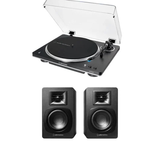 Audio Technica AT-LP70XBT Fully Automatic Bluetooth Wireless Turntable with AT-SP3X Powered Bookshelf Speakers HiFi Package Black