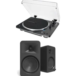 Audio Technica AT-LP70XBT Fully Automatic Bluetooth Wireless Turntable with Kanto ORA4 140W Powered Reference Speakers HiFi Package Black