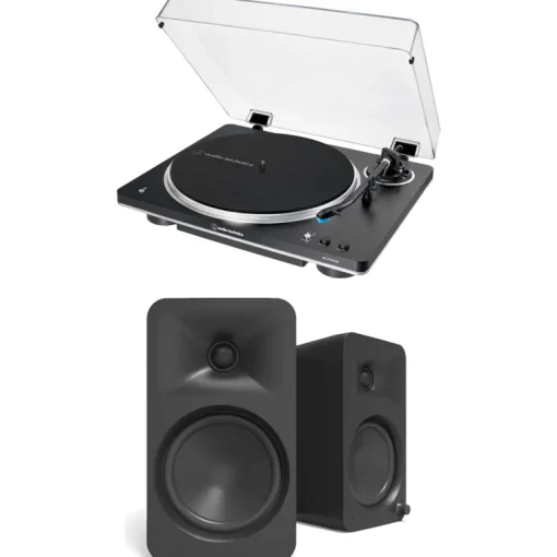 Audio Technica AT-LP70XBT Fully Automatic Bluetooth Wireless Turntable with Kanto ORA4 140W Powered Reference Speakers HiFi Package Black