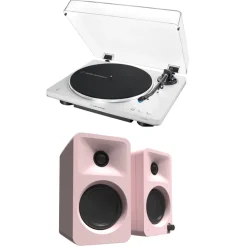 Audio Technica AT-LP70XBT Fully Automatic Bluetooth Wireless Turntable White with Kanto ORA 100W Powered Reference Speakers Pink HiFi Package