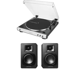 Audio Technica ATLP60XBT Fully Automatic Bluetooth Wireless Turntable White with AT-SP3X Powered Bookshelf Speakers HiFi Package