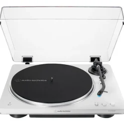 Audio Technica AT-LP70XBT Fully Automatic Bluetooth Wireless Turntable White with Kanto ORA 100W Powered Reference Speakers Pink HiFi Package