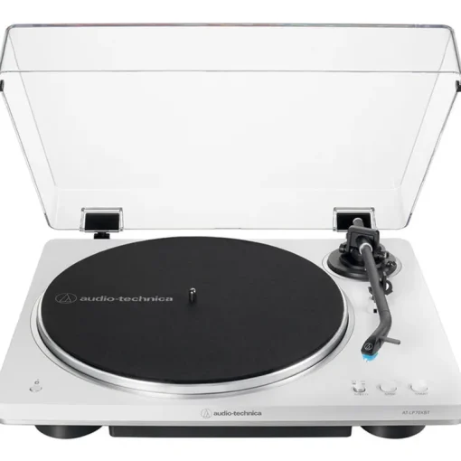Audio Technica AT-LP70XBT Fully Automatic Bluetooth Wireless Turntable with Kanto ORA4 140W Powered Reference Speakers HiFi Package White