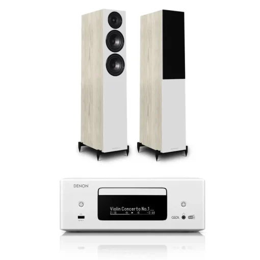 Denon RCD-N12DAB DAB+ All-In-One System White & Wharfedale Diamond 12.3 Floorstanding Speaker (Pair) Light Oak