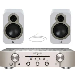 Marantz PM6007 Integrated Amplifier Silver With Q Acoustics Q3020c Bookshelf Speakers White Pair HiFi Package